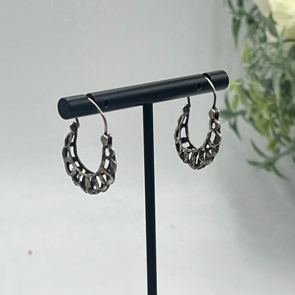 Sterling Silver Basket Weave Diamond Cutโ Crescent Shaped Filigree Hoop Earrings